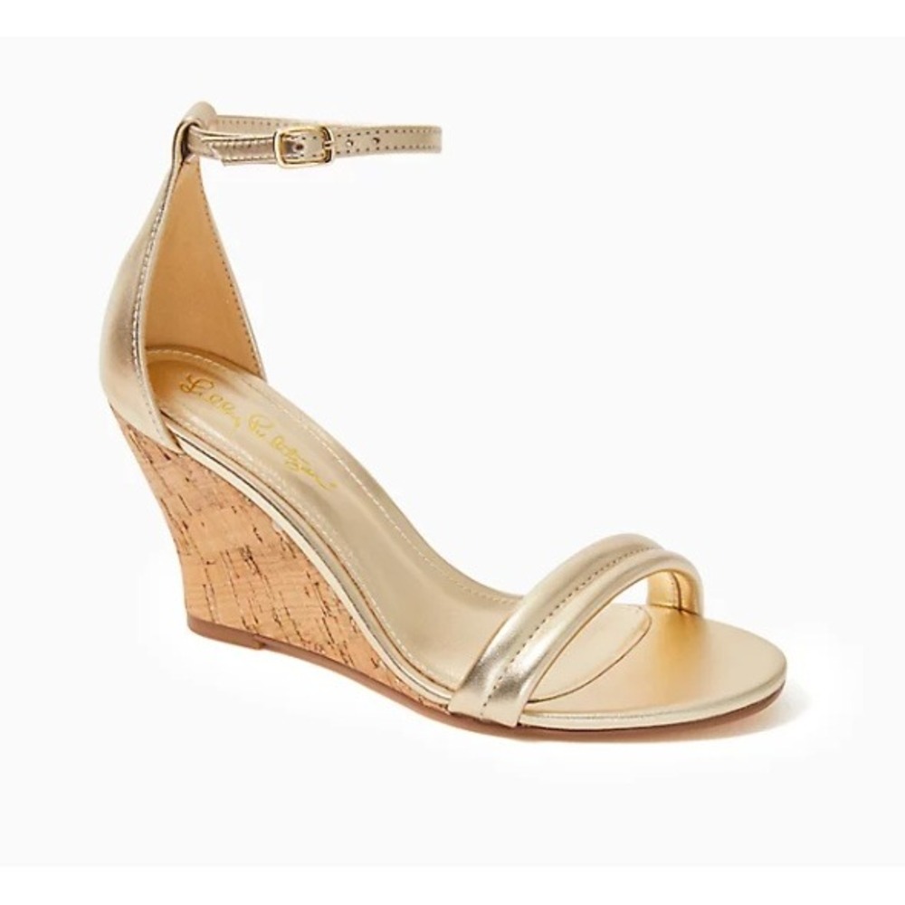 Lilly Pulitzer Jenna Wedge Sandals Gold Metallic Leather Cork Vacation Resort 8